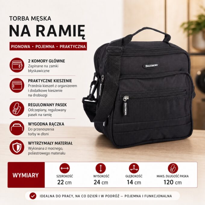Czarna materiałowa torba męska na ramię, widok z przodu z kieszeniami i paskiem