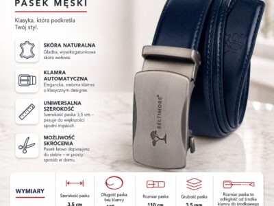 Skórzany pasek męski do spodni granatowy ze srebrną klamrą automatyczną 110 cm - obrazek 10