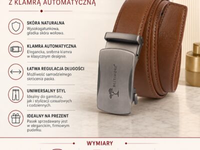 Skórzany pasek męski do spodni brązowy ze srebrną klamrą automatyczną 110 cm - obrazek 10