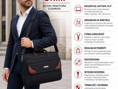 Duża, materiałowa teczka męska do pracy z miejscem na laptopa czarna z brązowymi wstawkami - obrazek 15