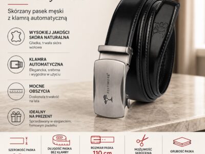 Skórzany pasek męski do spodni czarny ze srebrną klamrą automatyczną 110 cm - obrazek 10