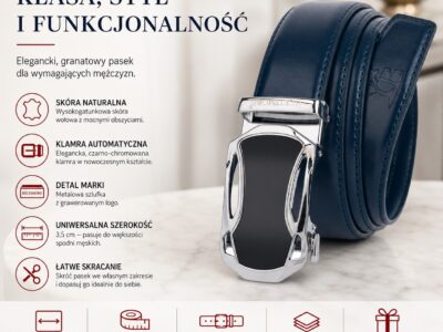 Granatowy skórzany pasek męski do spodni z klamrą automatyczną w nowoczesnym kształcie 110 cm - obrazek 9