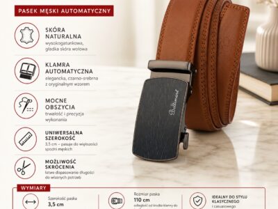 Skórzany, brązowy pasek męski do spodni z czarną klamrą automatyczną 110 cm - obrazek 9