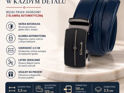 Elegancki, granatowy pasek męski skórzany z klamrą automatyczną Beltimore 110 cm - obrazek 8