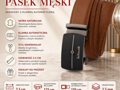 Elegancki, brązowy pasek męski skórzany z klamrą automatyczną Beltimore 110 cm - obrazek 9