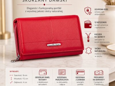 Duży matowy portfel damski skórzany czerwony Jennifer Jones - obrazek 8