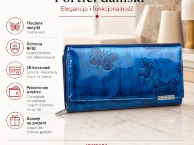 Duży portfel damski lakierowany w motylki, niebieski, skórzany z RFID - obrazek 8
