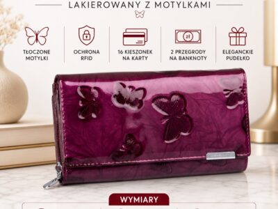 Zamknięty fioletowy lakierowany portfel damski z motylkami, ujęcie z przodu