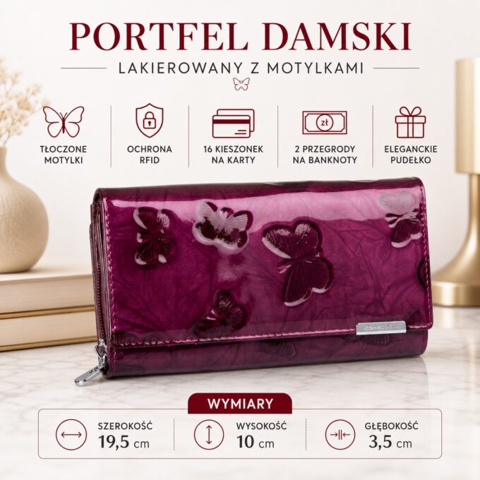 Zamknięty fioletowy lakierowany portfel damski z motylkami, ujęcie z przodu