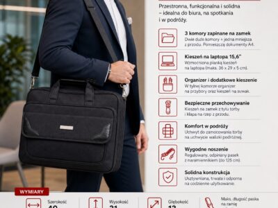 Duża, materiałowa teczka męska do pracy z miejscem na laptopa czarna mocna, solidna - obrazek 15