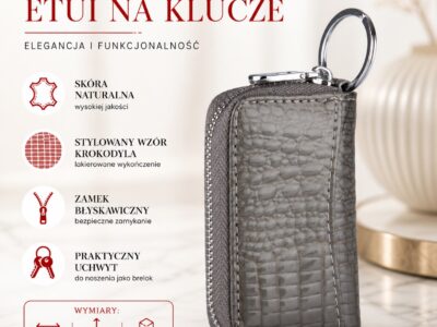 Etui na klucze damskie lakierowane na zamek szare kroko - obrazek 4