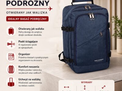 Średniej wielkości, granatowy plecak podróżny otwierany jak walizka 40x25x20 cm - obrazek 12