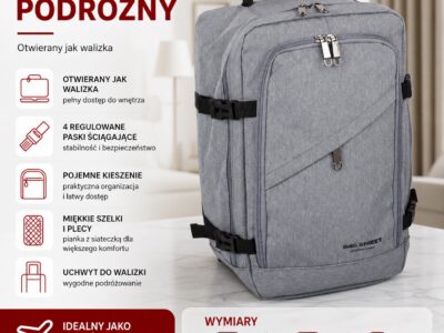 Średniej wielkości, szary plecak podróżny otwierany jak walizka 40x25x20 cm - obrazek 12