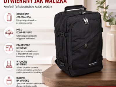 Średniej wielkości, czarny plecak podróżny otwierany jak walizka 40x25x20 cm - obrazek 12