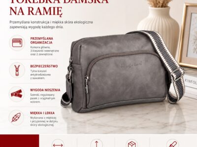 Szara mała torebka damska na ramię z przodu, ze skórki ekologicznej i suwakiem