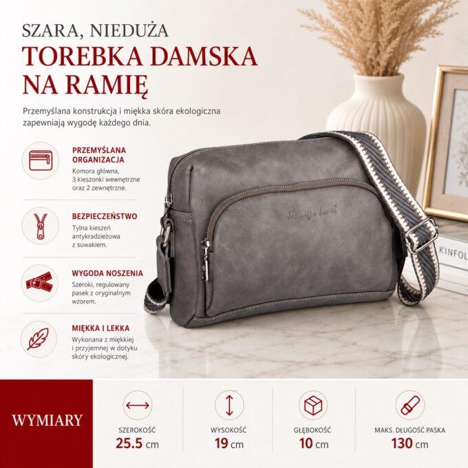 Szara mała torebka damska na ramię z przodu, ze skórki ekologicznej i suwakiem