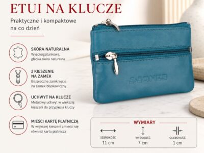 Niebieskie etui skórzane na klucze zapinane na zamek J Jones - obrazek 4
