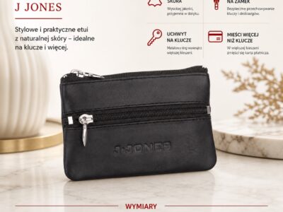 Czarne etui skórzane na klucze zapinane na zamek J Jones - obrazek 4