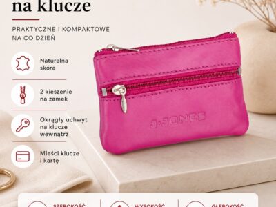 Różowe etui skórzane na klucze zapinane na zamek J Jones - obrazek 4