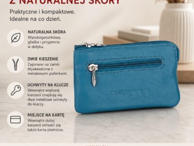 Niebieskie skórzane etui na klucze zapinane na zamek J Jones - obrazek 4