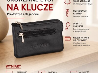 Czarne skórzane etui na klucze zapinane na zamek J Jones - obrazek 4