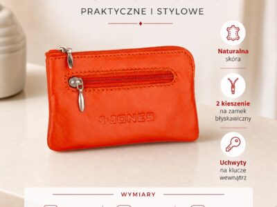 Pomarańczowe skórzane etui na klucze zapinane na zamek J Jones - obrazek 4
