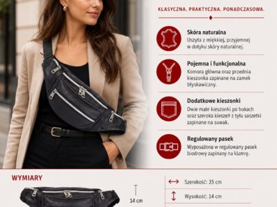 Szarna skórzana saszetka biodrowa typu nerka męska damska - obrazek 5