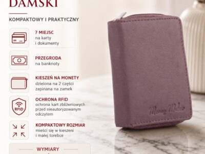 Mały portfel damski uszyty z miękkiej skóry naturalnej w kolorze mauve - obrazek 6