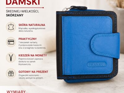 Średniej wielkości, skórzany portfel damski czarno-niebieski Franko - obrazek 8