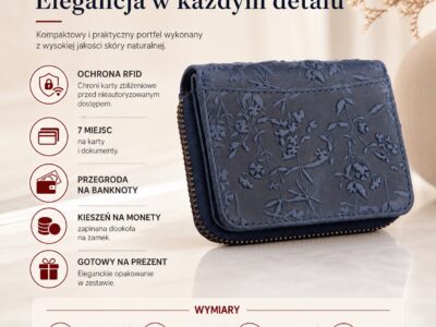 Granatowy mały portfel damski skórzany z kwiatowym wzorem szyty ręcznie RFID - obrazek 7