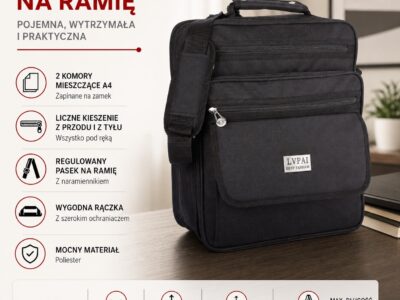 Duża, robocza torba męska na ramię, materiałowa, mocna, w kolorze czarnym - obrazek 7