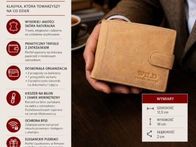 Portfel męski skórzany piaskowy zapinany na pasek z zatrzaskiem RFID - obrazek 10