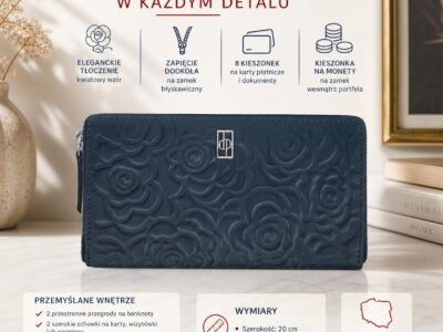 Duży, ciemnoniebieski, portfel damski zapinany dookoła na zamek błyskawiczny - obrazek 10