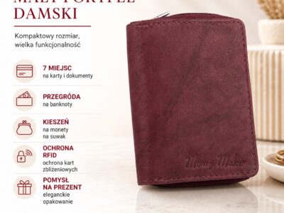 Mały portfel damski uszyty z miękkiej skóry naturalnej w kolorze burgundowym - obrazek 6