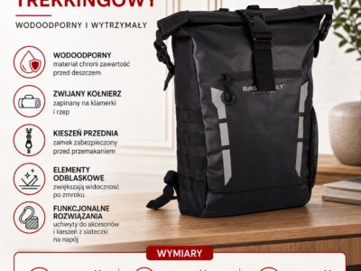 Duży, wodoodporny plecak trekkingowy / sportowy ze zwijanym kołnierzem - obrazek 13