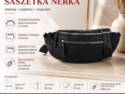 Czarna, duża i elegancka saszetka damska typu nerka z paskiem na ramię - obrazek 6
