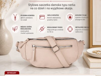 Beżowa, duża i elegancka saszetka damska typu nerka z paskiem na ramię - obrazek 7