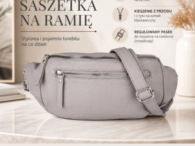 Szara, duża i elegancka saszetka damska typu nerka z paskiem na ramię - obrazek 7