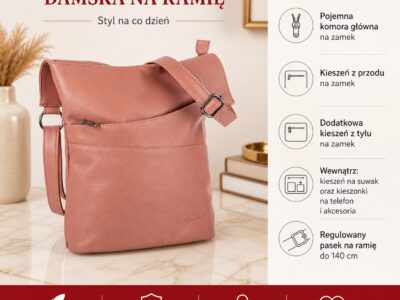 Elegancka, miejska torebka damska na ramię w kolorze różowym pastelowym Jennifer Jones - obrazek 10