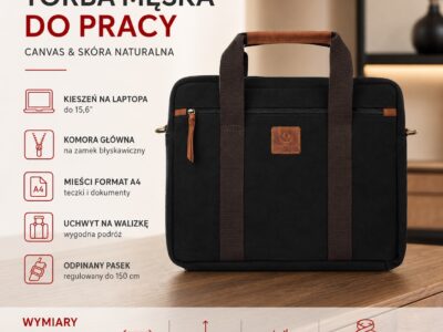 Czarna torba męska do pracy z brązowymi detalami, widok z przodu