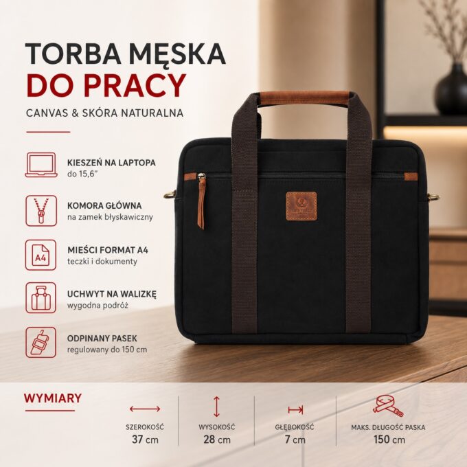 Czarna torba męska do pracy z brązowymi detalami, widok z przodu