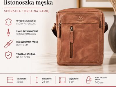 Brązowa skórzana listonoszka męska Paolo Peruzzi, przód z kieszenią i zamkiem błyskawicznym