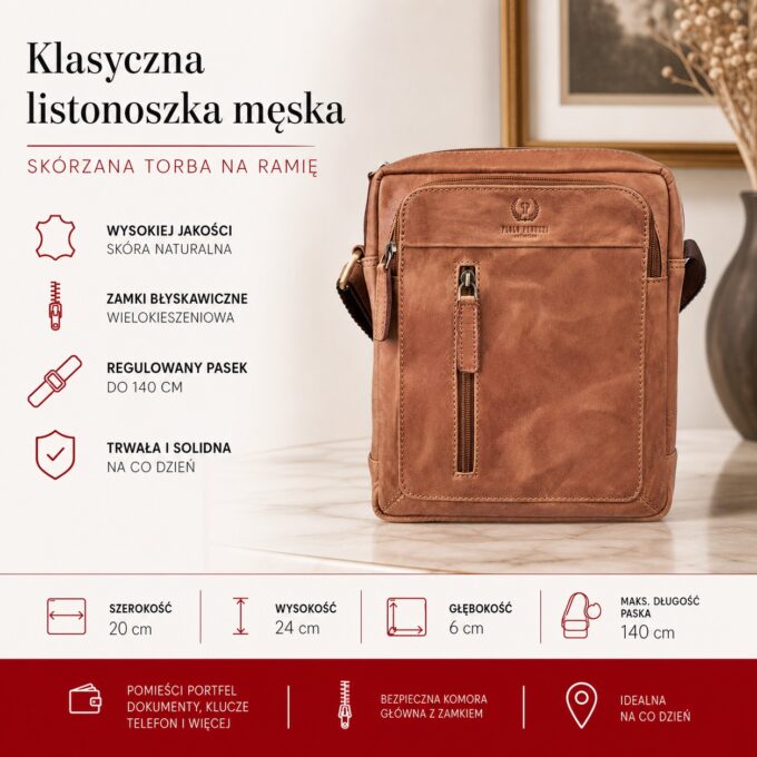 Brązowa skórzana listonoszka męska Paolo Peruzzi, przód z kieszenią i zamkiem błyskawicznym