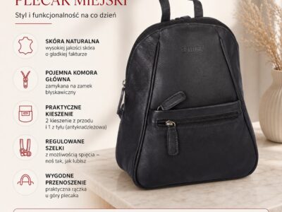 Damski plecak miejski skórzany czarny średniej wielkości Bellugio - obrazek 8