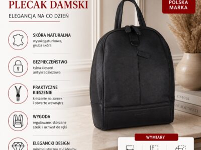 Czarny skórzany plecak damski miejski, ujęcie z przodu z uchwytem i kieszenią