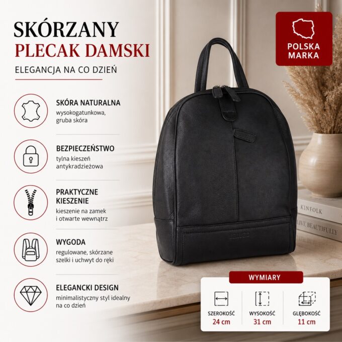 Czarny skórzany plecak damski miejski, ujęcie z przodu z uchwytem i kieszenią