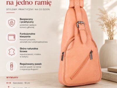 Skórzany plecak damski miejski na jedno ramię elegancki brzoskwiniowy - obrazek 7