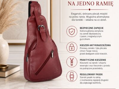 Skórzany plecak damski miejski na jedno ramię elegancki bordowy - obrazek 6