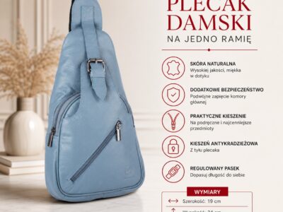 Skórzany plecak damski miejski na jedno ramię elegancki niebieski - obrazek 8