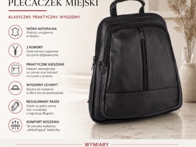 Skórzany, damski plecaczek miejski na jedno ramię, czarny - obrazek 6